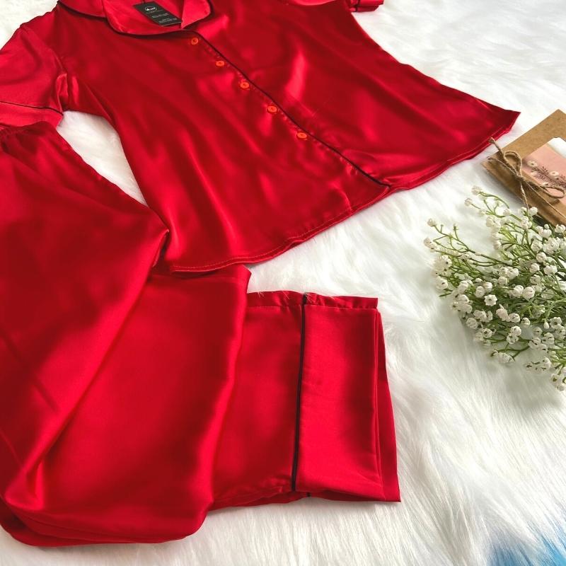 Đồ bộ pijama lụa, đồ mặc nhà nữ VILADY - B124 kiểu quần dài tay cộc họa tiết trơn, chất liệu lụa Pháp (lụa latin) cao cấp - Màu đỏ