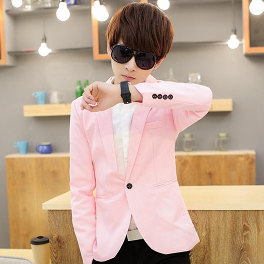 Áo vest nam màu hồng 1 khuy chất liệu vải dày mịn form ôm body