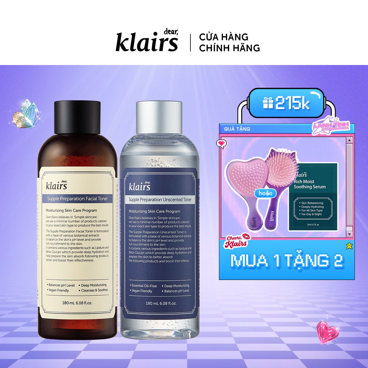 Combo nước hoa hồng Dear Klairs 1 Unscented Toner 180ml + 1 Facial Toner 180ml