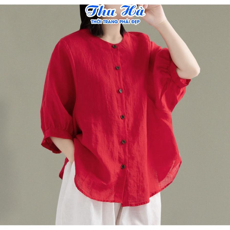 Áo sơ mi đũi nữ tay lỡ cổ tròn Thu Hà form rộng bigsize che khuyết điểm mặc đi làm đi chơi đều phù hợp SMH.34