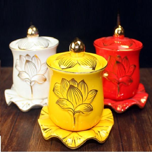 Chum ly nước có nắp khắc Hoa sen nổi có đế lá sen 8cm/9cm/10.5cm.
