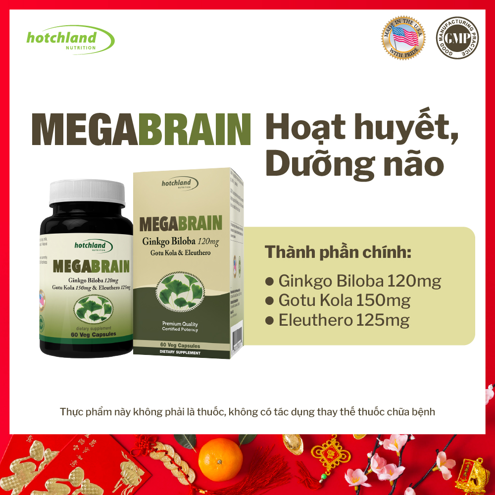 Viên uống Ginkgo Biloba hỗ trợ tăng cường tuần hoàn máu não, bổ não Hotchland Mega Brain TPBVSK-Hàng chính hãng -HL0115