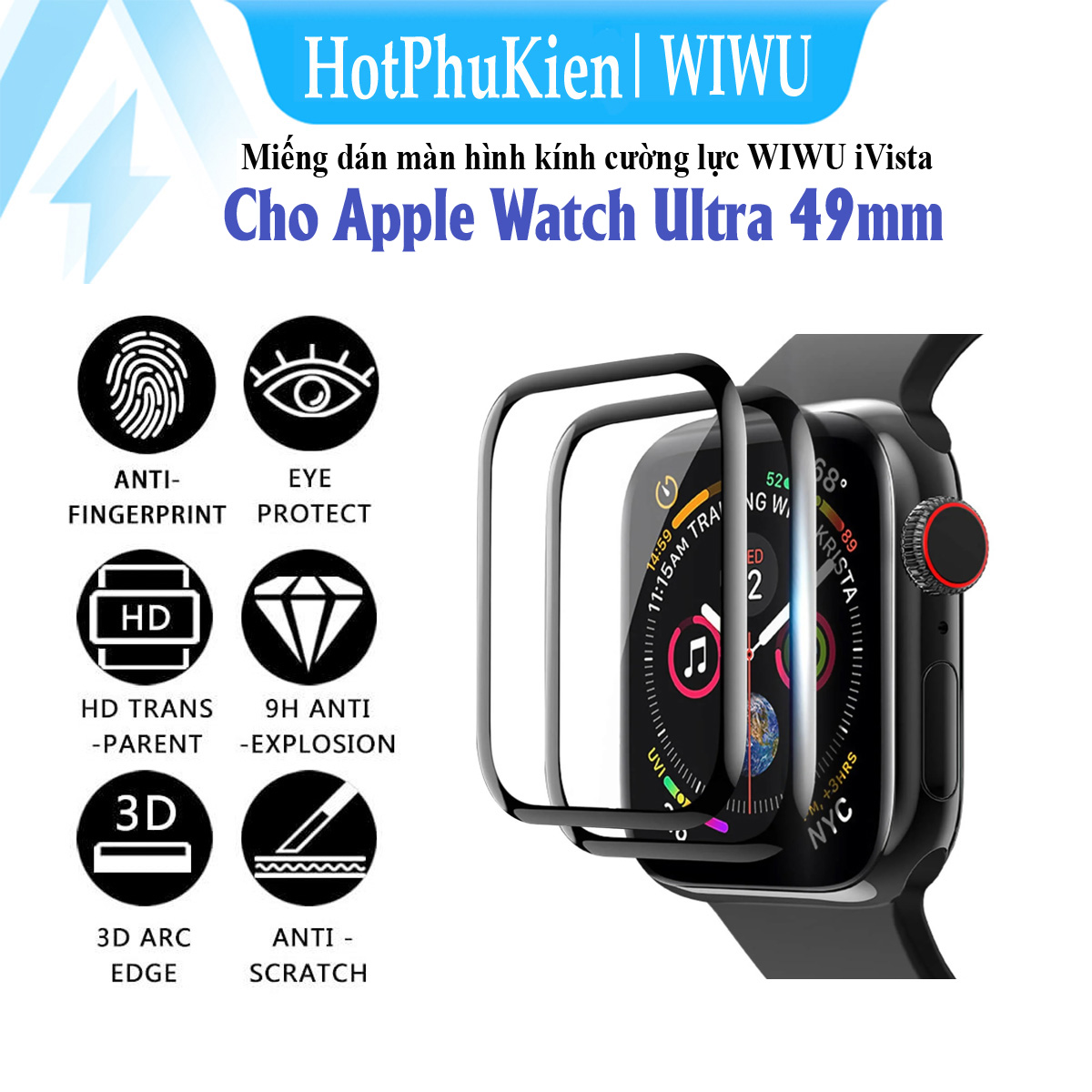 (Mua 1 tặng 1) Miếng dán màn hình kính cường lực Full 3D cho Apple Watch Ultra 49mm hiệu WIWU iVista Chống va đập, vát cạnh 2.5D, hạn chế vân tay - Hàng nhập khẩu