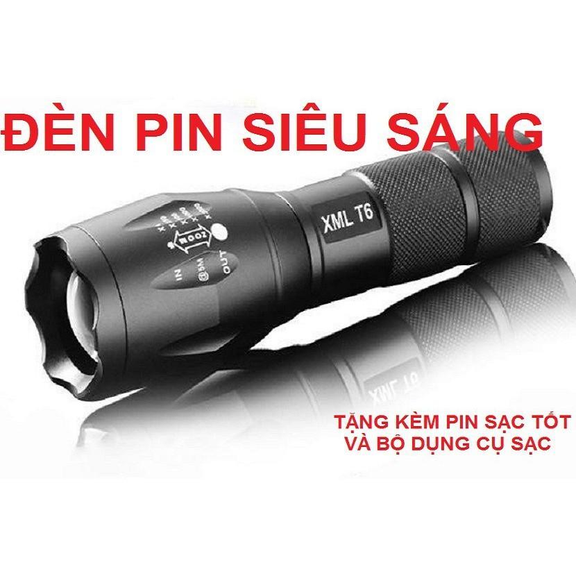 Đèn Pin Siêu Sáng Cao Cấp T6 Hợp Kim Chống Nước, Pin Sạc Lại Full box(Loại Tốt)