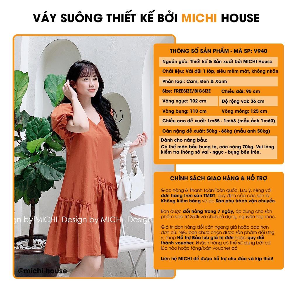 Đầm Suông Đũi V940 MICHI House Váy Xuông Thiết Kế Cổ V Tay Bồng Dáng Ngắn Mặc Bầu Xinh Freesize Bigsize