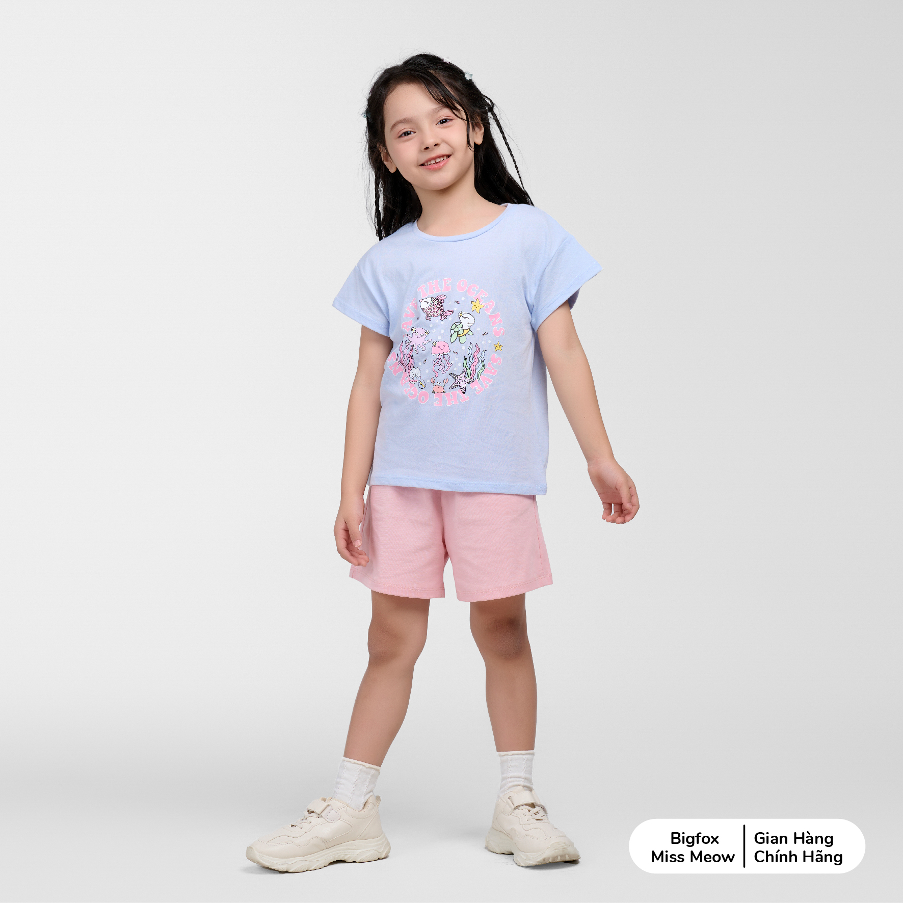 Bộ bé gái cộc tay Bigfox Miss Meow size đại mùa hè vải cotton cỡ 3,6,9,11 tuổi 30kg 40kg