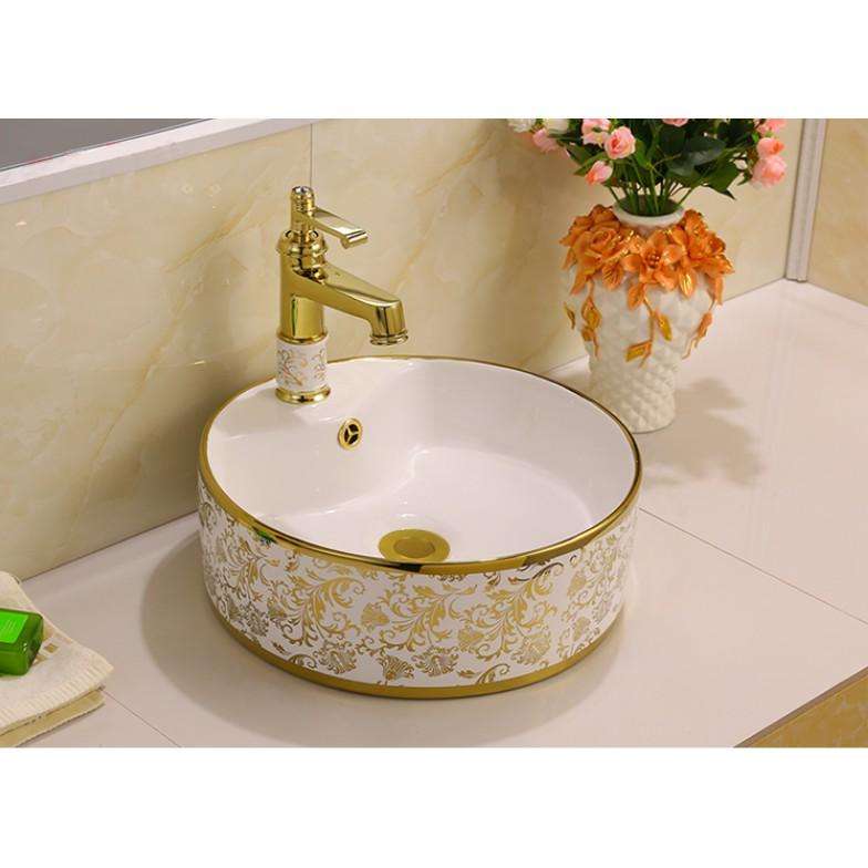 Chậu sứ lavabo tròn để bàn vân cổ điển màu vàng tuyệt đẹp