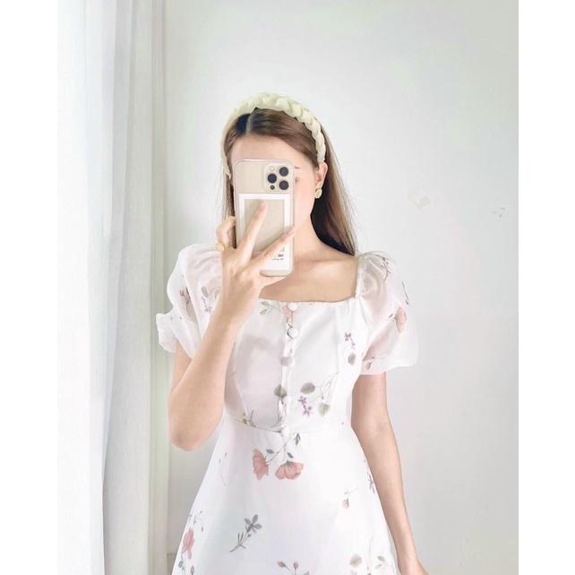 ĐẦM MIDI TRẮNG NÚT BỌC TAY BỒNG