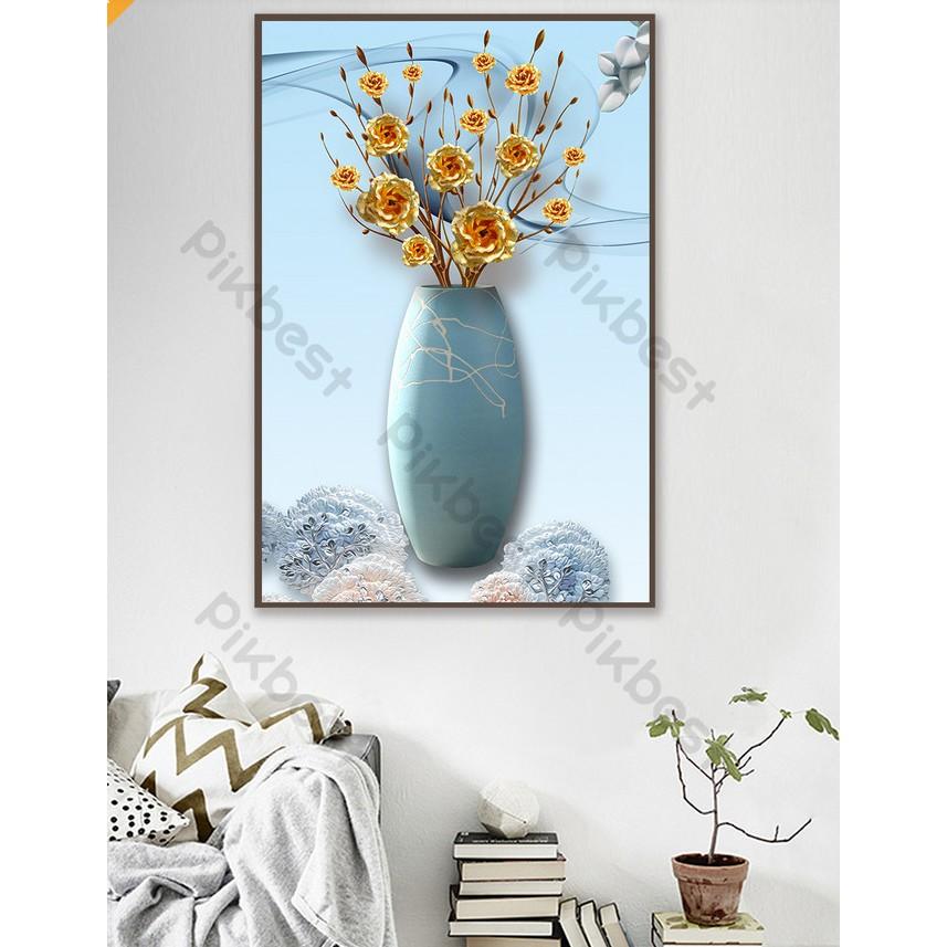 Tranh dán tường Tranh hoa hồng vàng bình xanh sang trọng, tranh dán tường 3d hiện đại MS879224