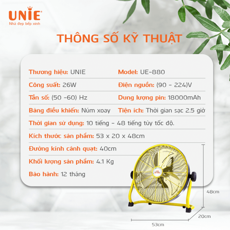 Quạt Tích Điện Công Nghệ Đức Unie UE-880 Thời Gian Sử Dụng 48 Giờ, Sạc Pin 2.5 Giờ Cao Cấp - Hàng Chính Hãng