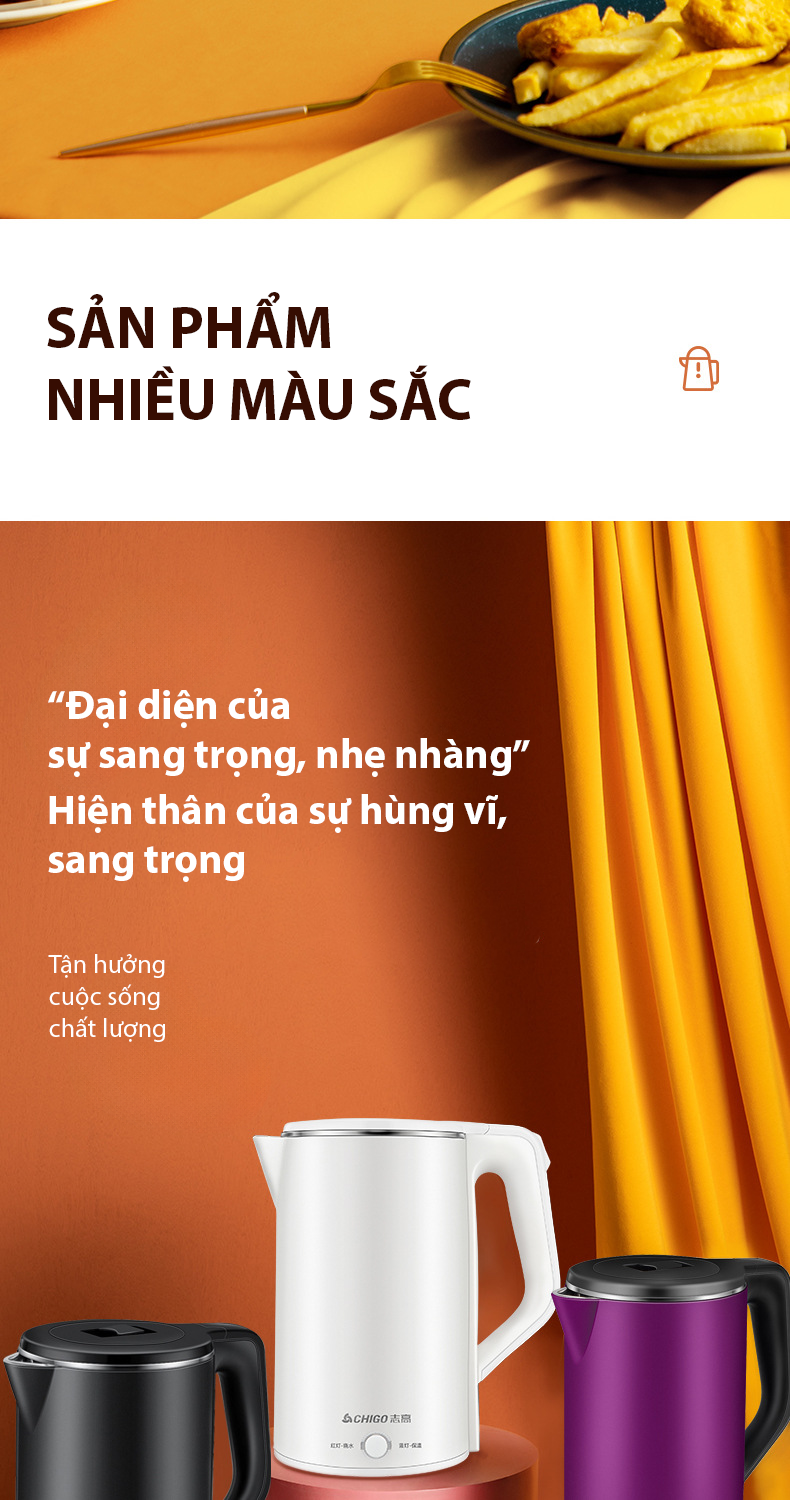 Bình đun nước siêu tốc hàng chính hãng Chigo, cách nhiệt thông minh, tay cầm chống nóng, kiểu dáng thời trang, dung tích 1700ml- Hàng nhập khẩu
