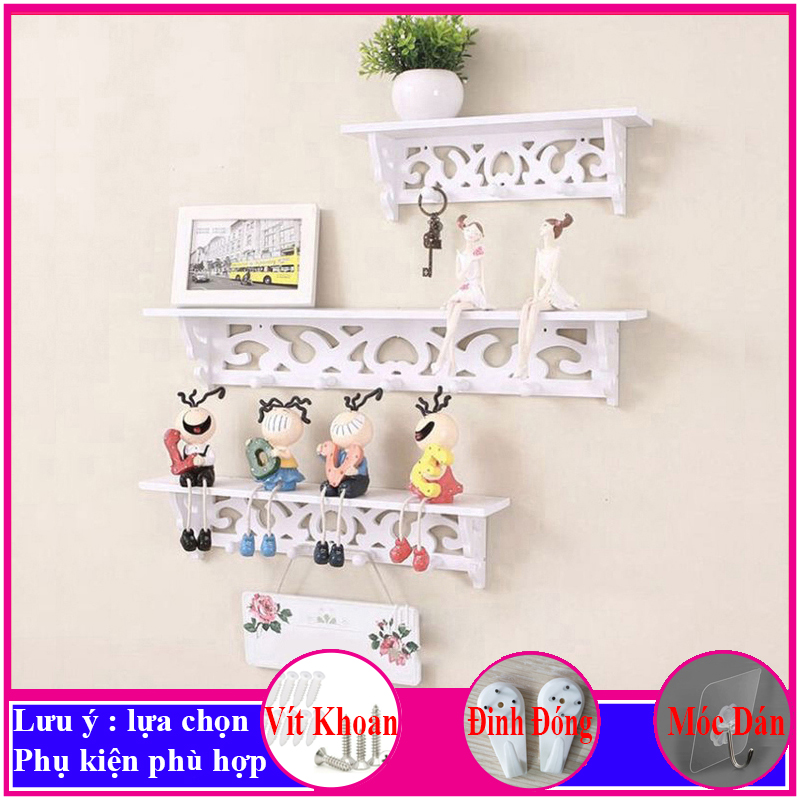 Bộ 3 Kệ treo tường trang trí không cần khoan, chất liệu gỗ Pitech cao cấp màu trắng - a14