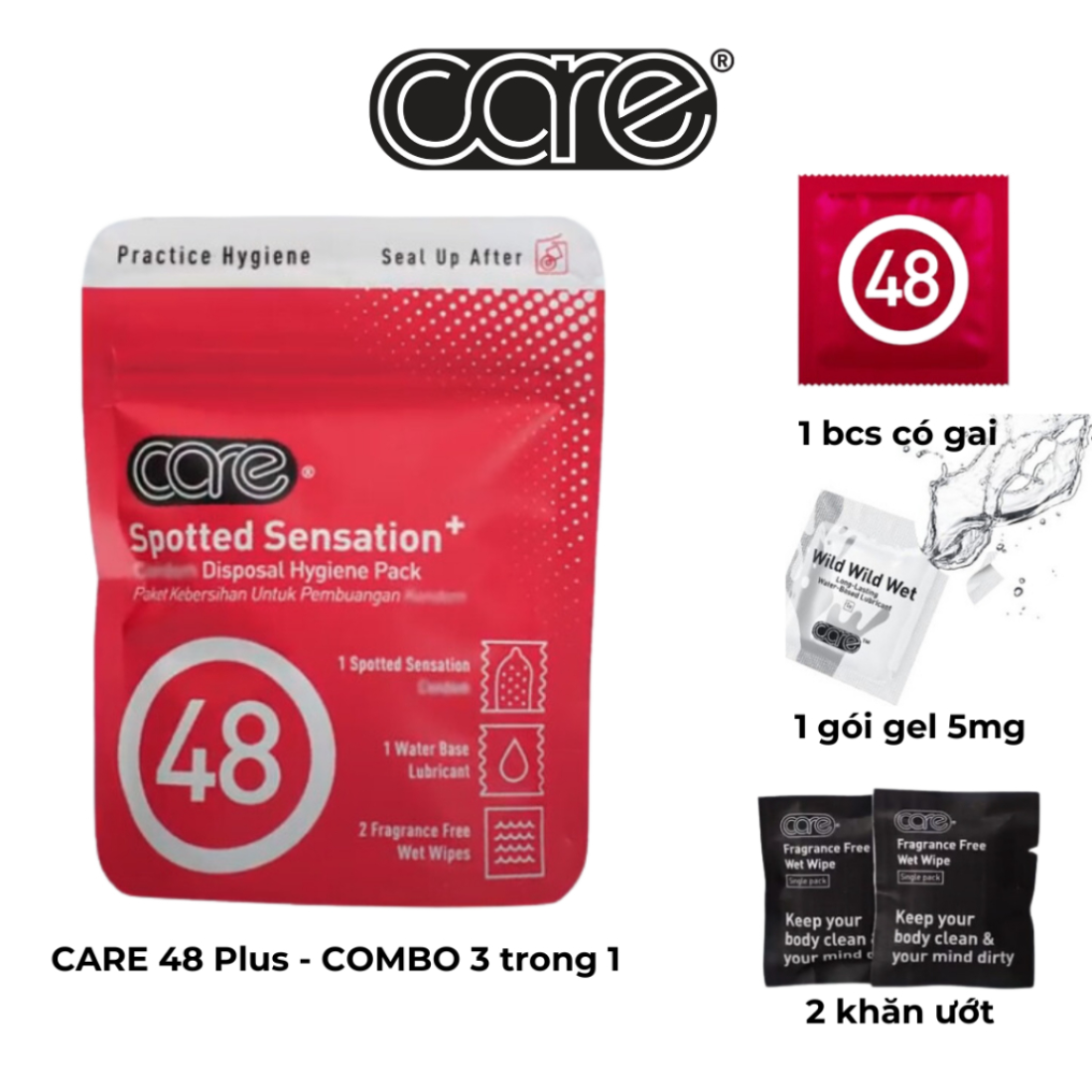 Combo Quà Đi Date Bao cao su có gai, gel bôi trơn và khăn ướt vệ sinh CARE 48+