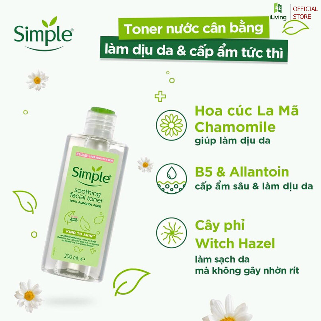 Nước hoa hồng cân bằng da dịu nhẹ Simple Soothing Facial Toner 200ml ILIVING-SIMTN