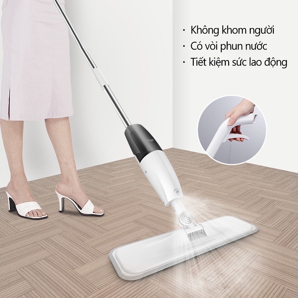 Bộ chổi lau nhà kèm bình chứa nước lau sàn dạng xịt phun sương tiện lợi ngay trên thân cây lau, bàn xoay 360 độ di chuyển mọi nơi, cán chổi có thể điều chỉnh độ dài ngắn