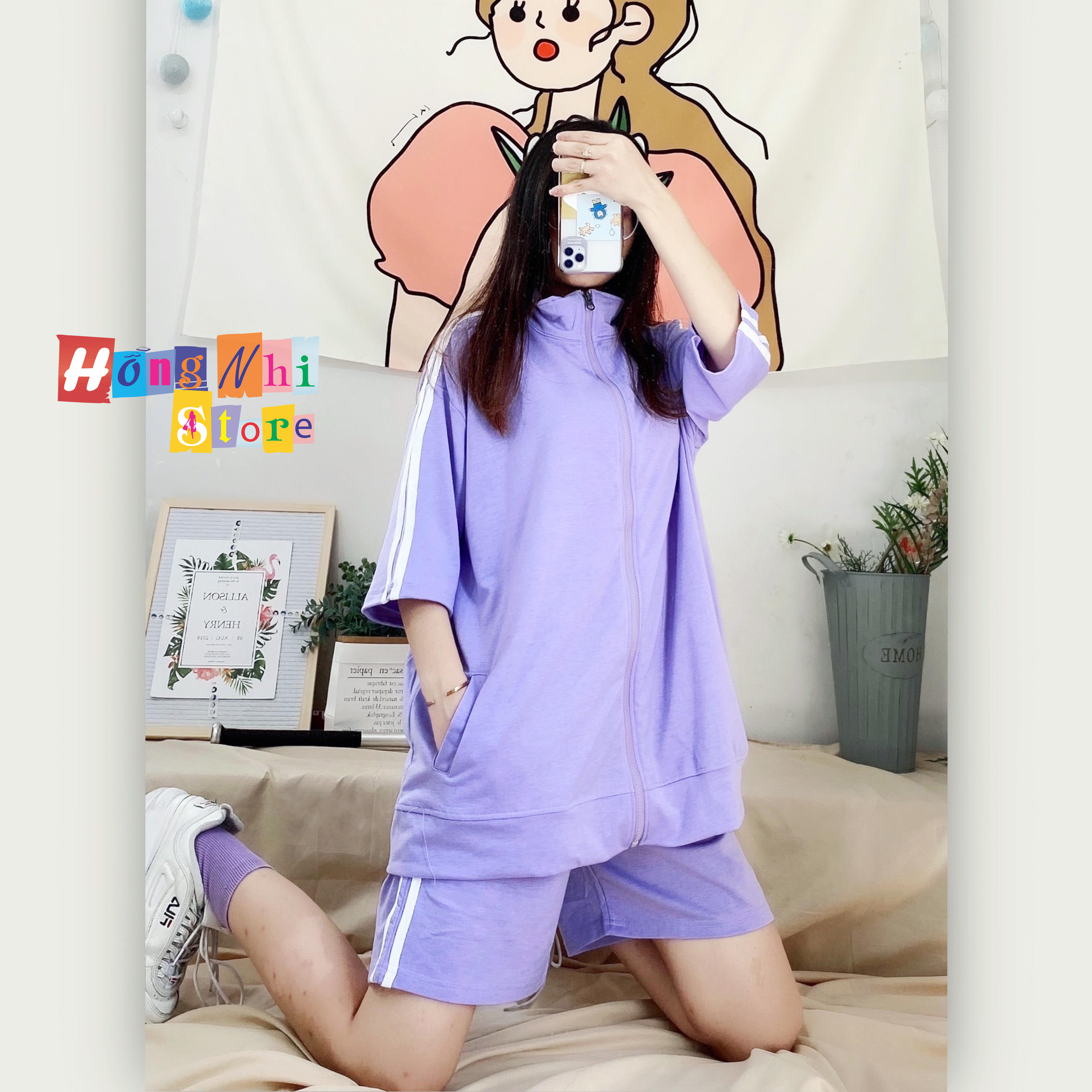 Set Bộ Thể Thao Unisex Áo Khoác Tay Ngắn Quần Lửng Màu Tím Cao Cấp- MM