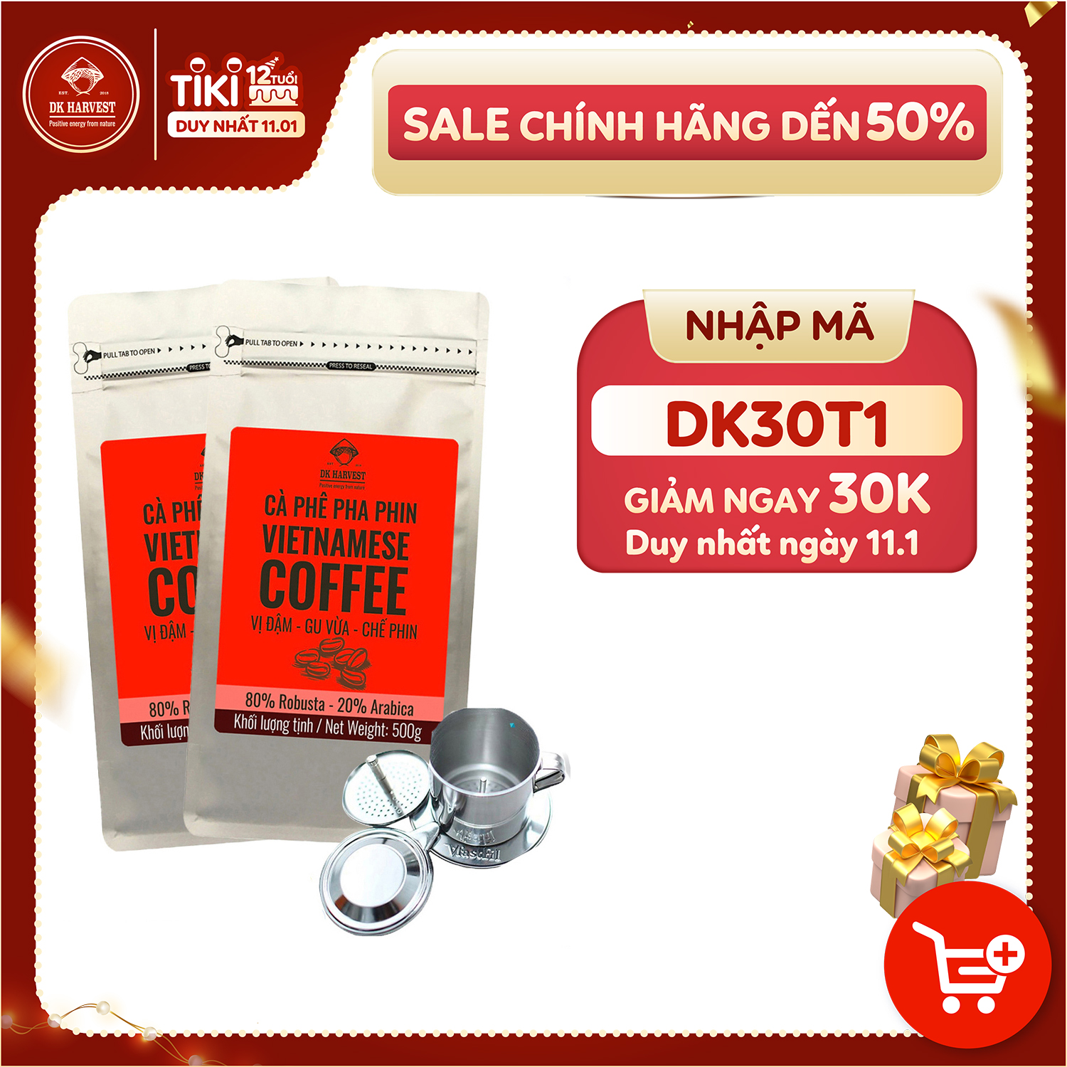 Tặng Phin Cà phê Inox khi mua 1KG Cà Phê Pha Phin hiệu DK HARVEST Gu Vừa - 80% Robusta, 20% Arabica