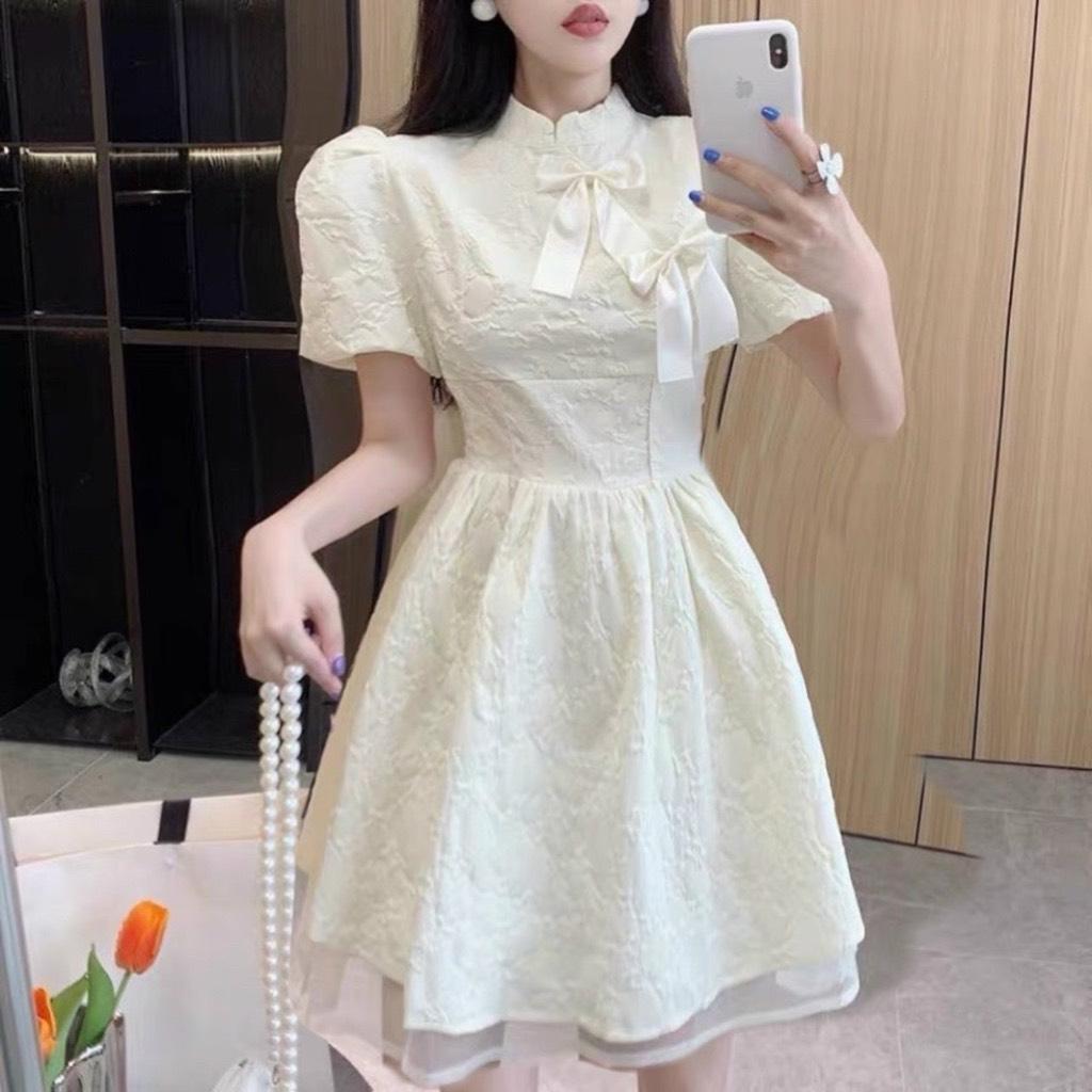 ĐẦM XOÈ GẤM CỔ TÀU PHỐI LƯỚI ĐÍNH NƠ 14029