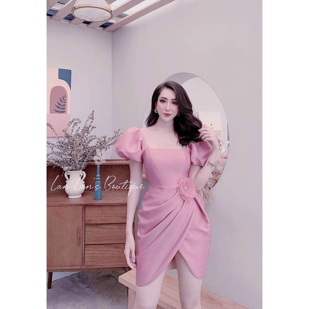 Váy đầm nữ tay phồng dáng xòe vạt chéo đính bông AM