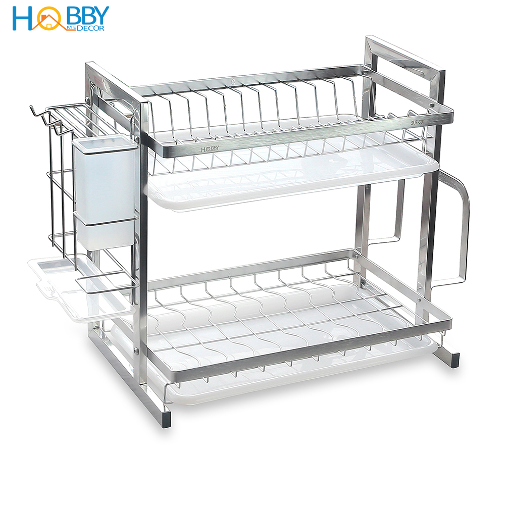 Kệ chén đa năng 2 tầng inox 304 Hobby Home Decor KC2T kèm khay hứng nước, ống đũa, giá treo thớt không rỉ sét