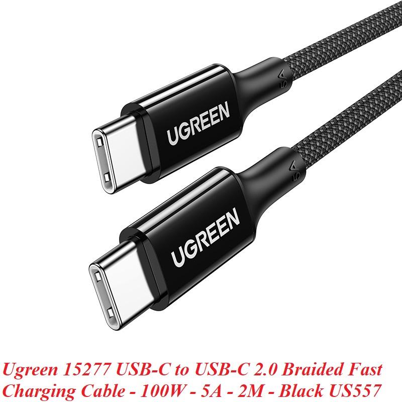 Ugreen UG15277US557TK 2m 100W c-c hỗ trợ QC4.0 5A Cáp sạc nhanh - truyền dữ liệu 2 đầu USB-C dây bọc dù Màu Đen - HÀNG CHÍNH HÃNG