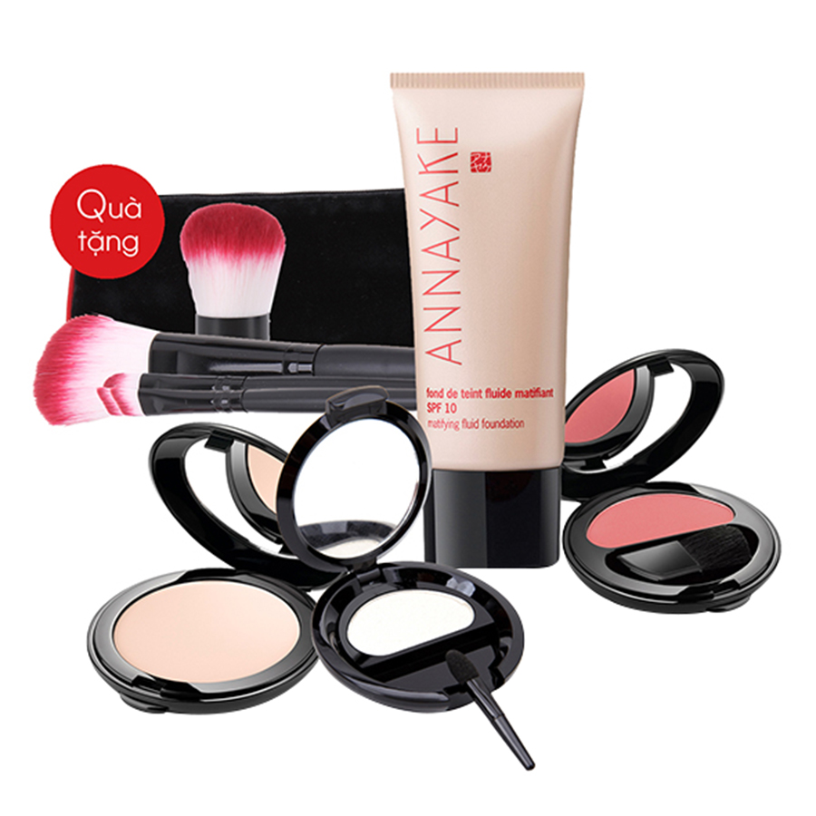 Combo Makeup Cơ Bản Annayake: Kem Nền + Phấn Phủ + Phấn Má Hồng Dâu + Phấn Mắt Nhũ Bạc