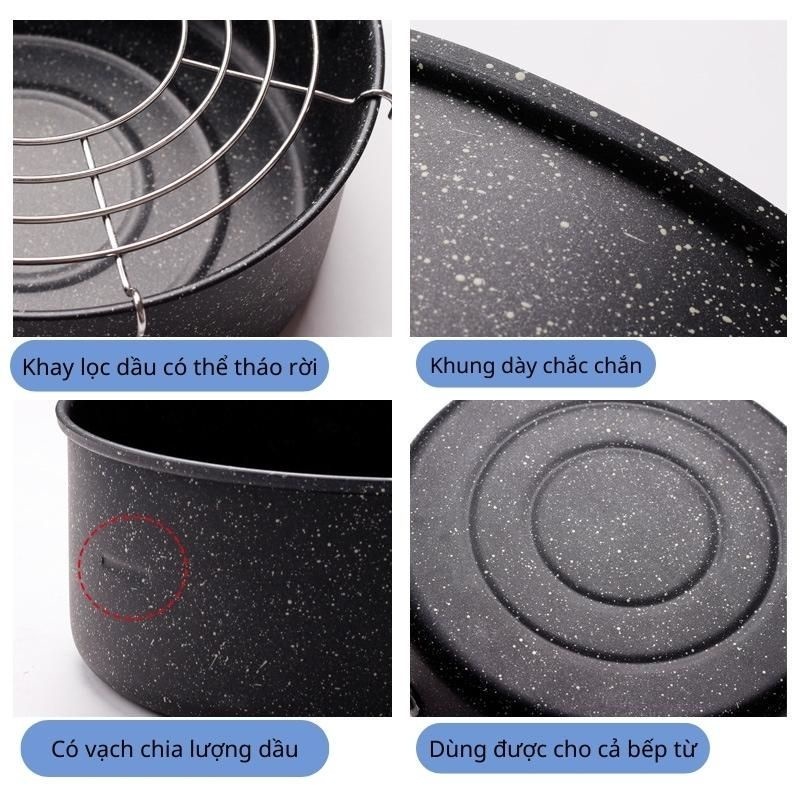 Nồi chiên rán ngập dầu chống dính kèm khay ráo dầu có tay cầm 20cm Nhật Bản, sử dụng được trên mọi loại bếp từ, gas, hồng ngoại, Hàng chính hãng EmooJooKittchen
