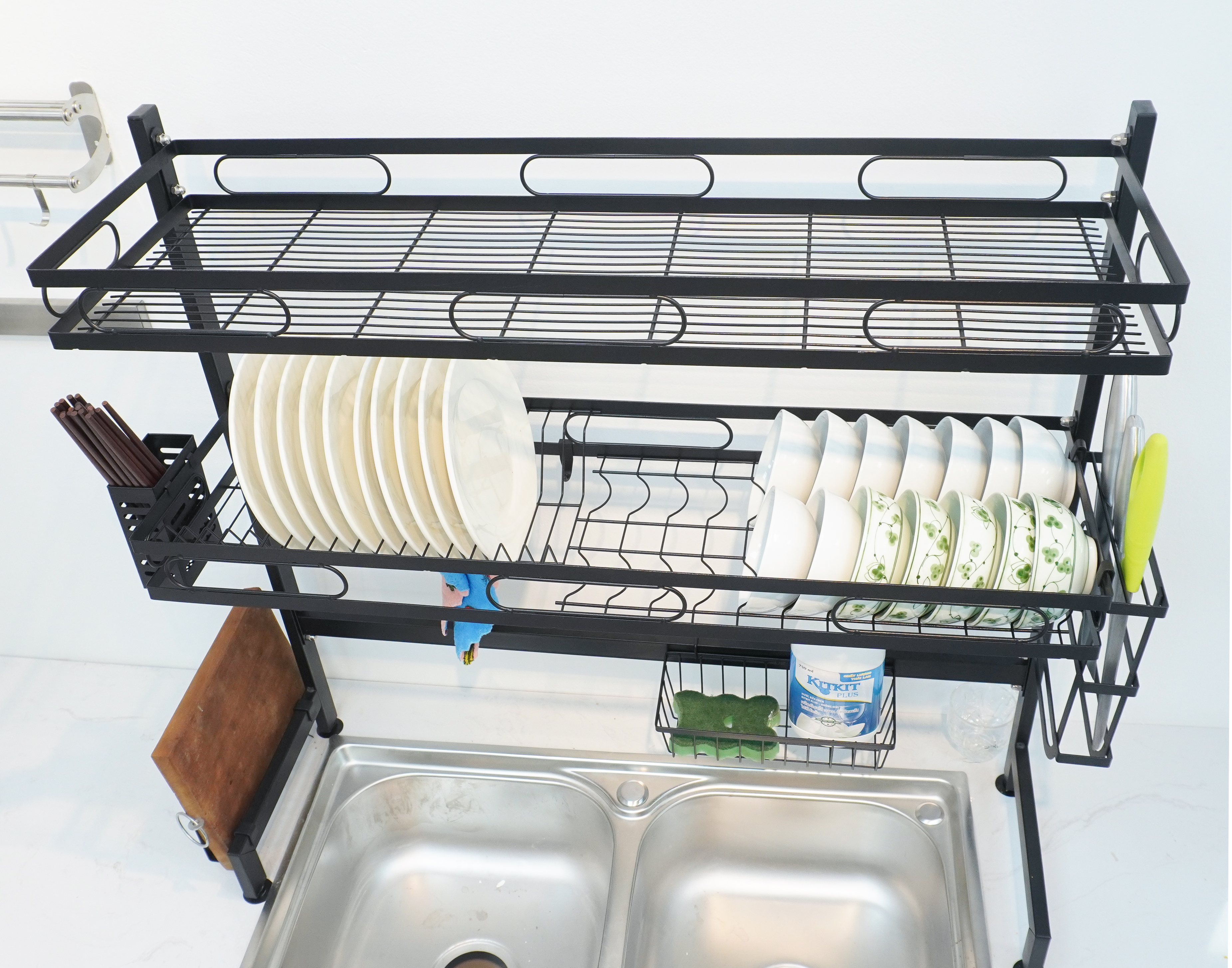 Kệ chén bát đa năng VANDO kích thước 2 tầng 95cm bằng thép carbon cao cấp không gỉ, giá để bát trên bồn rửa ráo nước cho nhà bếp sạch sẽ