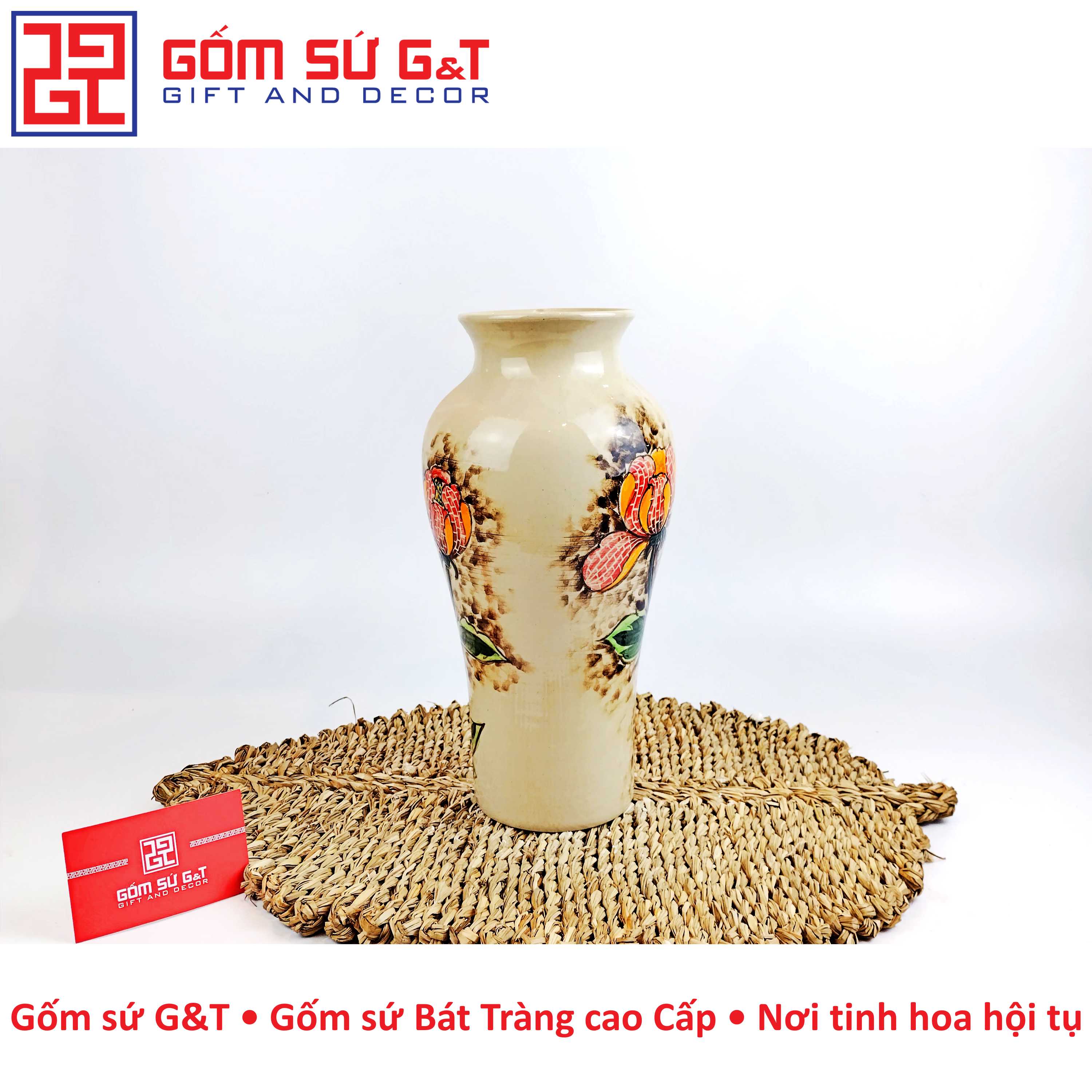 Lọ hoa dáng đùi dế sen hống Gốm Sứ G&T