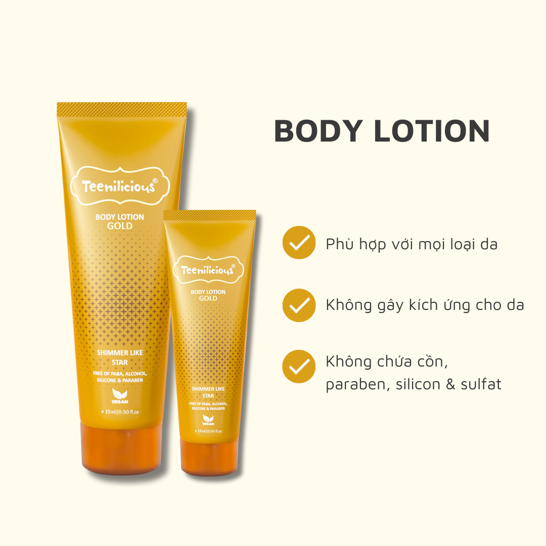 Sữa Dưỡng Thể Lấp Lánh Teenilicious Body Lotion Gold Ánh Nhũ Lấp Lánh, Dưỡng Ẩm Sáng Mịn Da 150ml