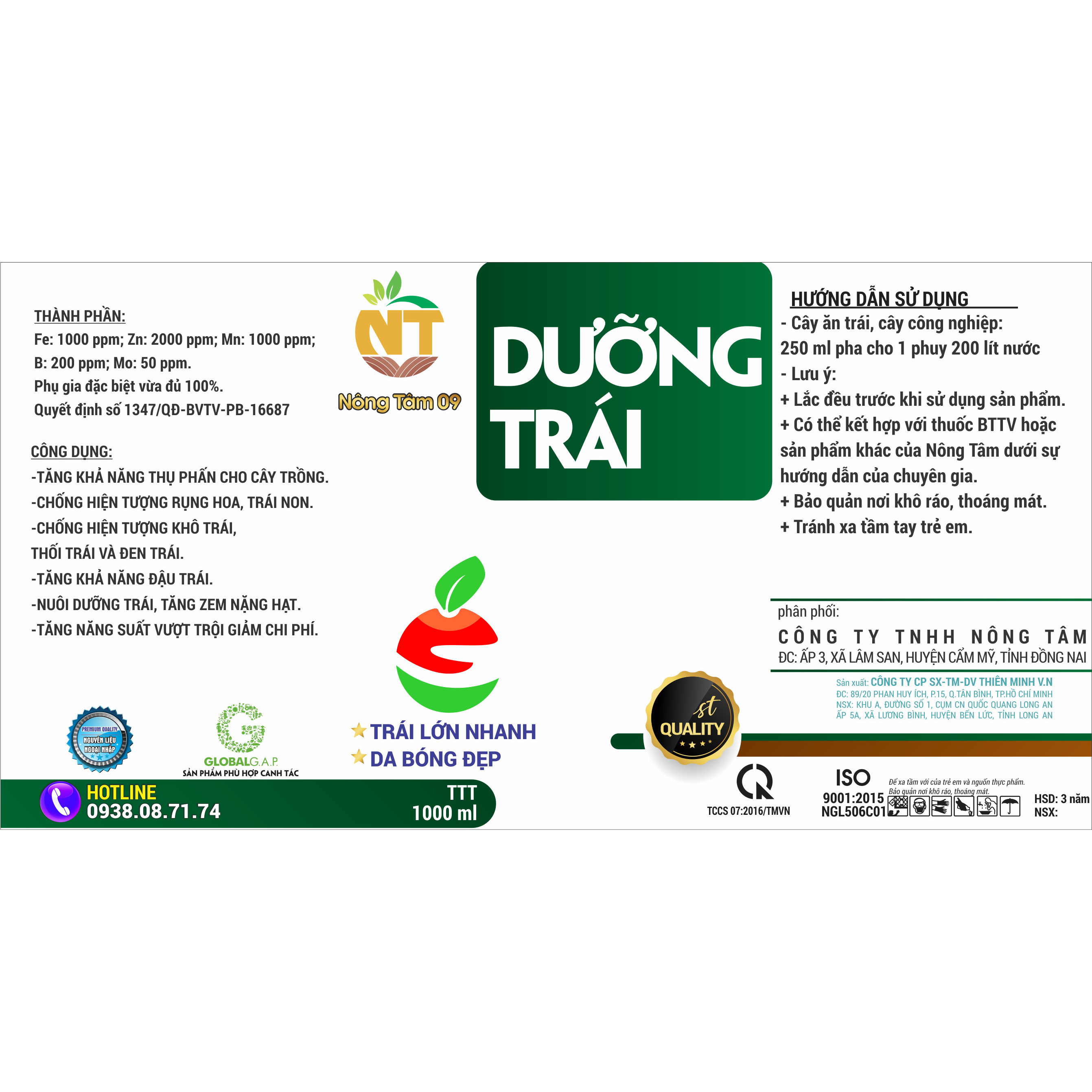 Phân bón dưỡng trái Nông Tâm 09 giúp trái lớn nhanh đều, tăng năng suất trái, tăng đề kháng, ngừa sâu bệnh, gói 1000gr