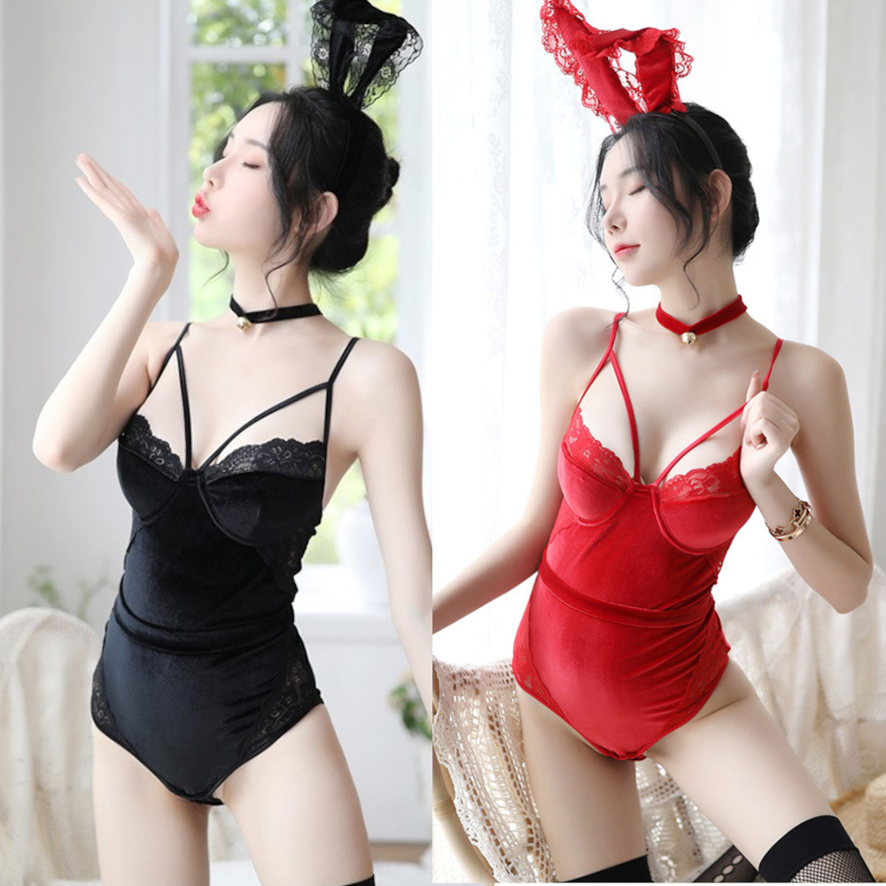 Bộ ngủ nhung liền thân bodysuit (kèm tai thỏ nhung + vòng cổ nhung gắn chuông + đuôi thỏ) vô cùng sexy Đồ ngủ cosplay gợi cảm, Freesize