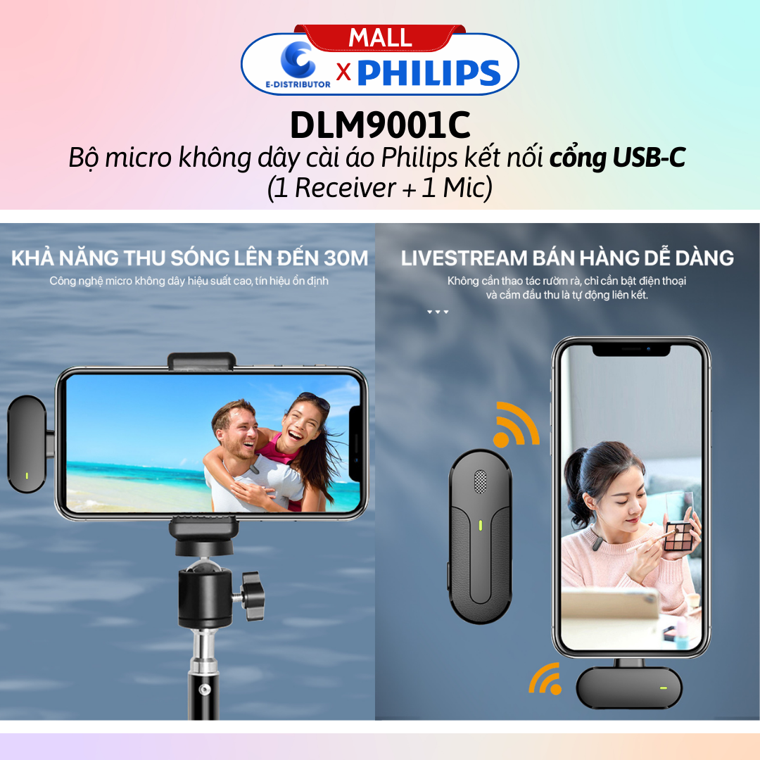 Bộ micro không dây cài áo Philips DLM9001C cổng USB-C - DLM9001L cổng Lightingg (1Receiver + 1Mic) - Hàng Chính Hãng