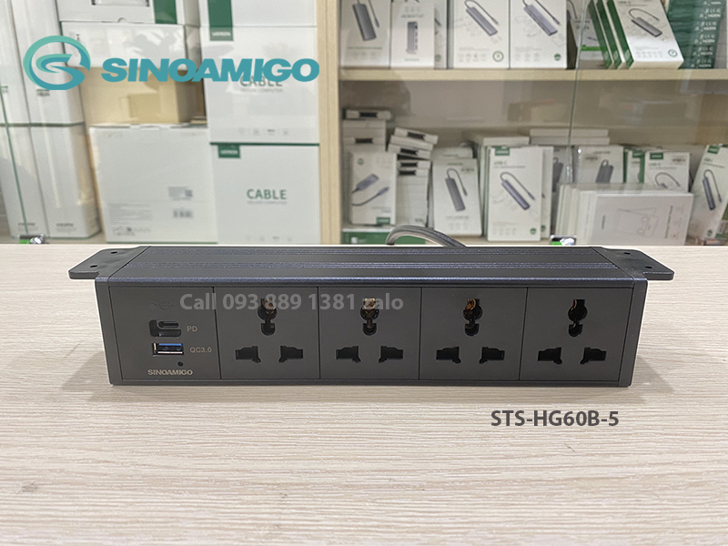 Sinoamigo STS-HG60B-5: Hộp ổ cắm Âm Bàn Hiện Đại Với Thiết Kế Lắp Âm Dưới Bàn - Tích hợp 4 ổ cắm đa năng, 1 cổng sạc USb type C (PD) và 1 cổng sạc USB type A (QC-3.0) - Hàng chính hãng