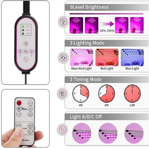 Đèn LED 4 đầu cho cây trồng, có 3 chế độ, 9 cấp độ điều chỉnh sáng cho cây phát triển