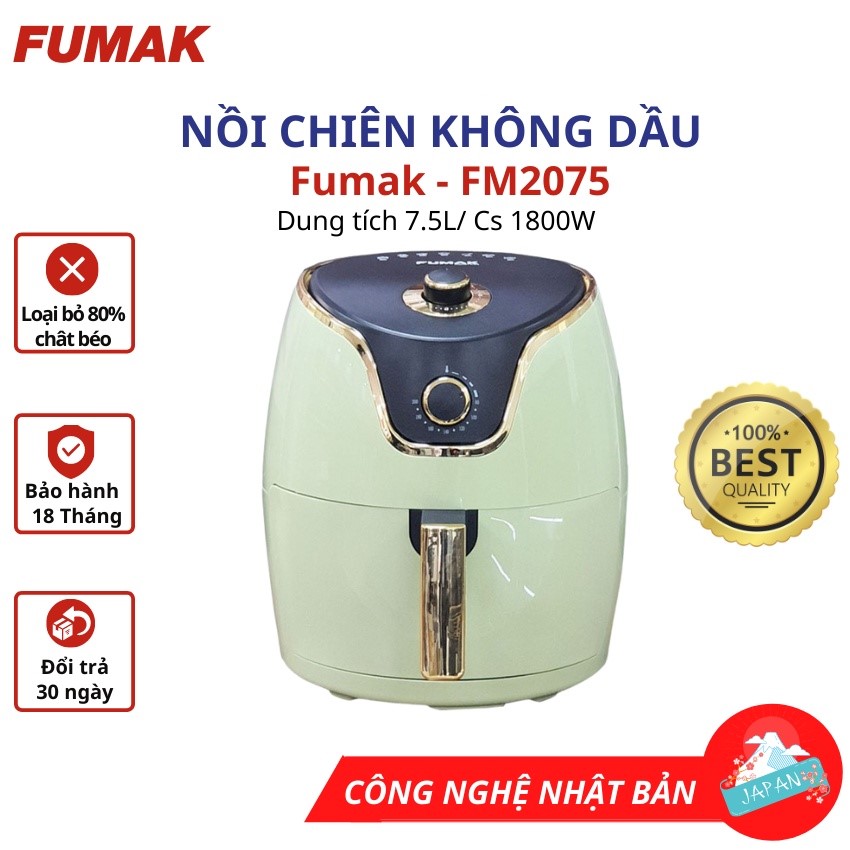 Nồi chiên không dầu Fumak dung tích 7.5L công suất 1800W công nghệ Nhật Bản màu xanh ngọc sang trọng - Hàng chính hãng Fumak