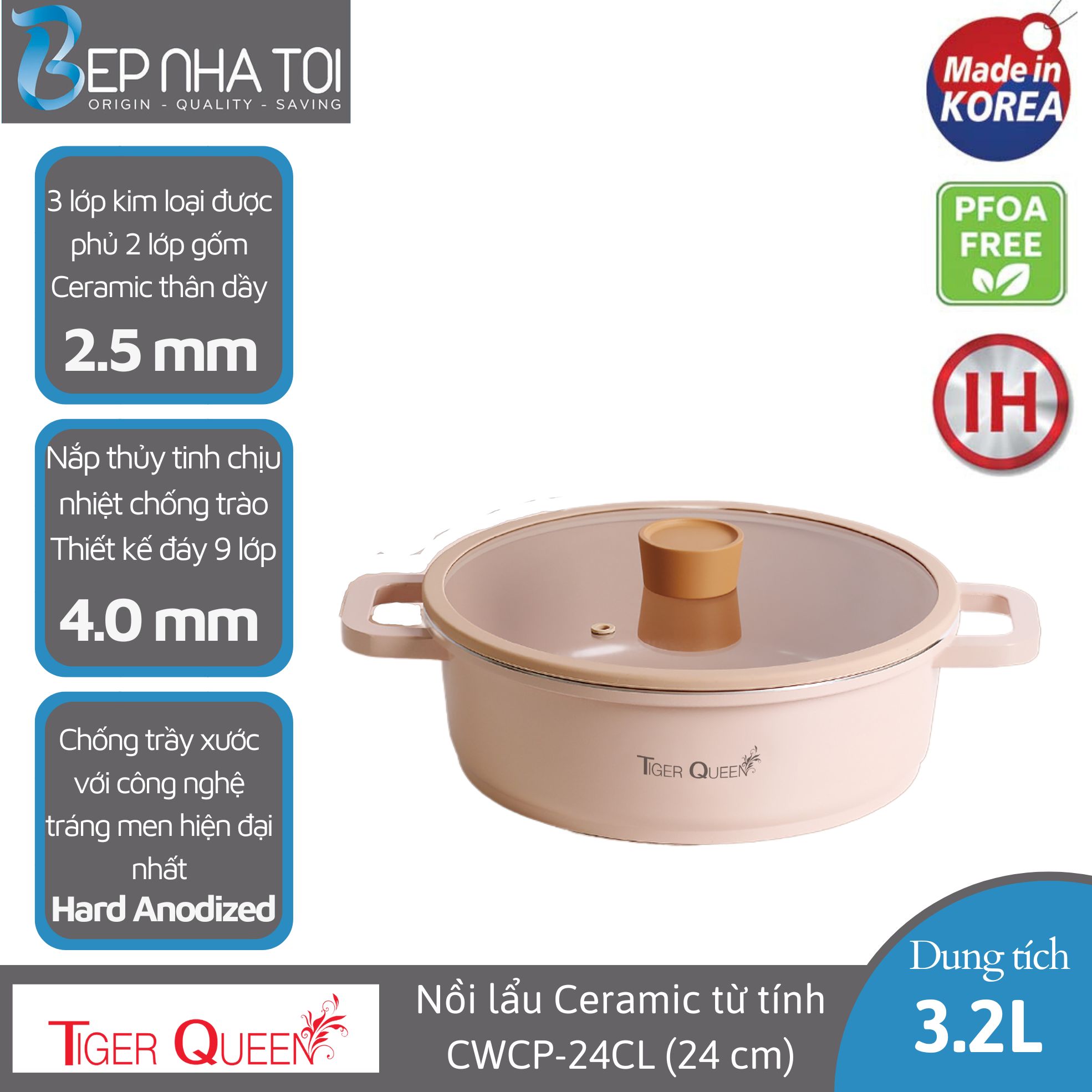 Nồi lẩu Ceramic từ tính Tiger Queen CWCP-24CL - Màu hồng hoa anh đâò [24cm - 3.2L] - Chính hãng