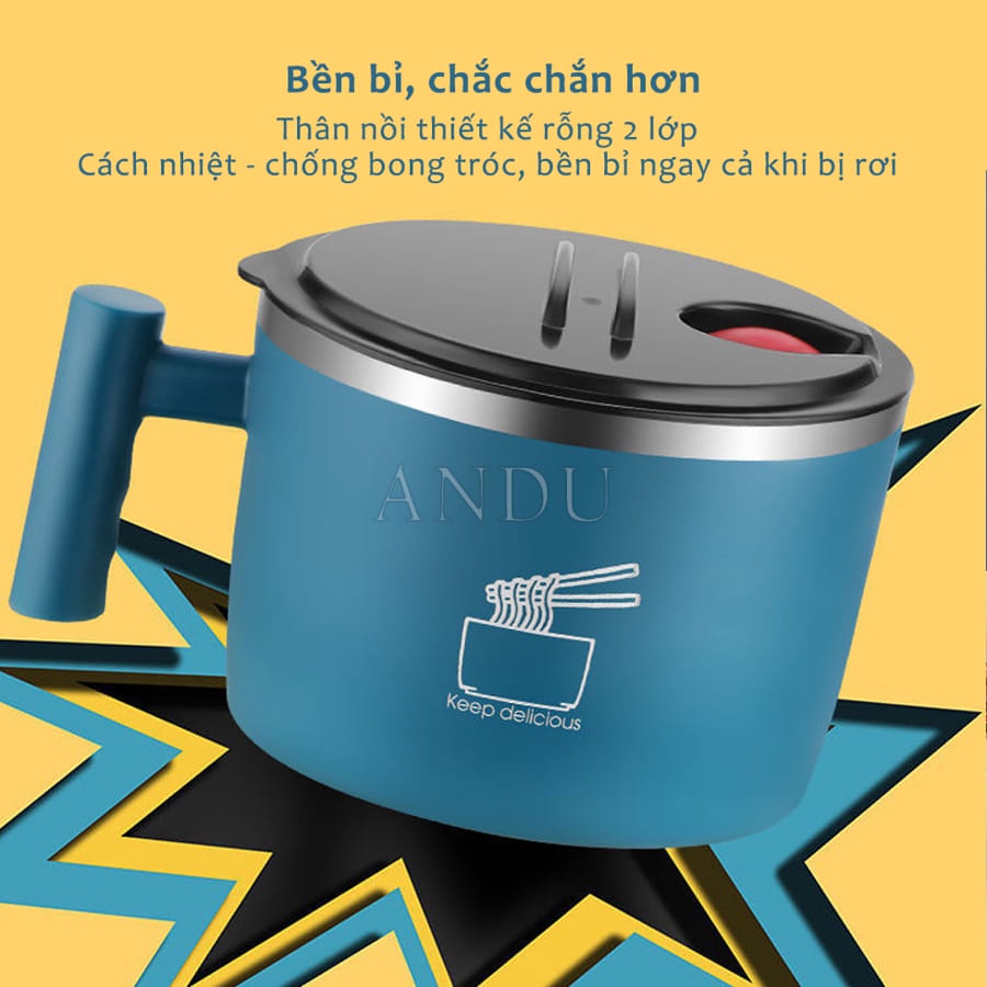 Ca MÌ Mini Cầm Tay 1,2L , Bát Nấu Mì Lõi Inox 304 Giữ Nhiệt Có Nắp Đậy Đa Năng Thiết Kế An Toàn - HÀNG LOẠI 1 - CHÍNH HÃNG MINIIN