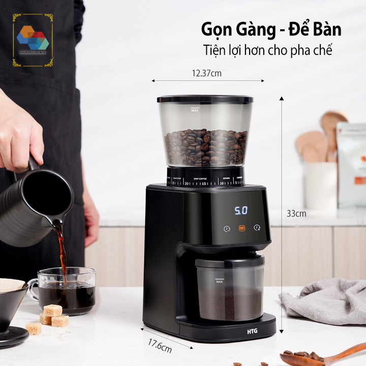 Máy xay cà phê HTG CG015 lưỡi dạng nón, 31 cấp độ xay mịn đa năng, pha chế cho máy pha espresso đồng nhất, tích hợp 2 vòng đệm tránh rơi vãi