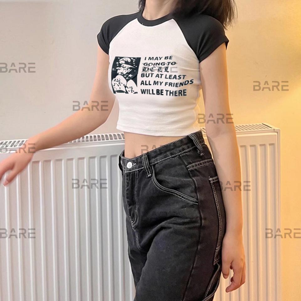 BARE- Áo Thun Croptop Tay Ngắn Dáng Ôm Tay Phối Màu In Chữ Thời Trang Quyến Rũ Cho Nữ - AO093