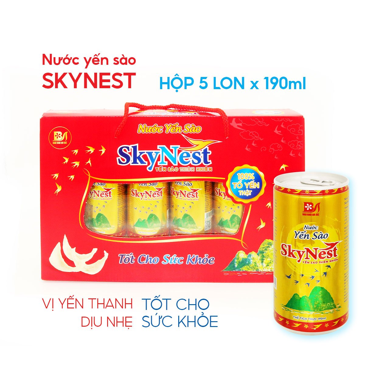 [Hộp quà ngang 5 lon x 190ml/ lon] Nước Yến Sào SkyNest 3% Tổ Yến thật, Giải khát nhanh gọn, Tốt cho sức khỏe