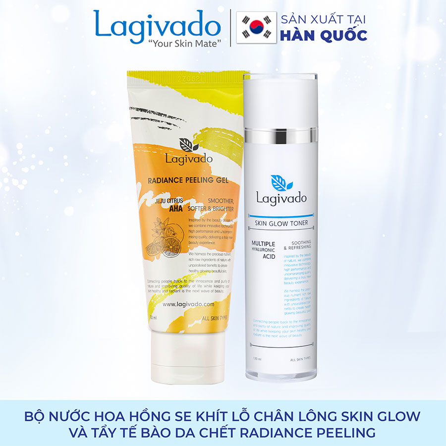 Bộ đôi nước hoa hồng se khít lỗ chân lông Hàn Quốc Lagivado Skin Glow 120 ml và tẩy tế bào da chết Radiance Peeling 50 ml.