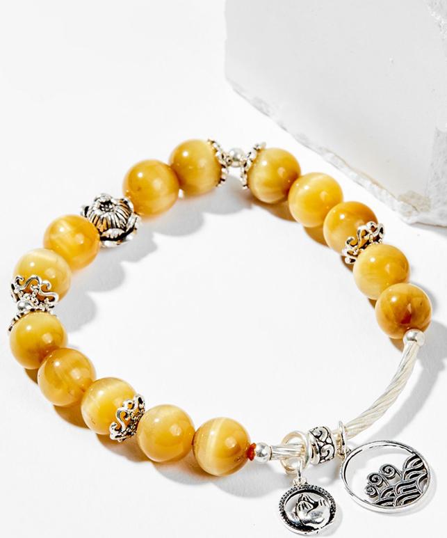 Vòng Tay Phong Thủy Nữ Đá Mắt Hổ Vàng Tâm Phối Charm Hoa Sen Bạc Mệnh Thổ, Kim Ngọc Quý Gemstones