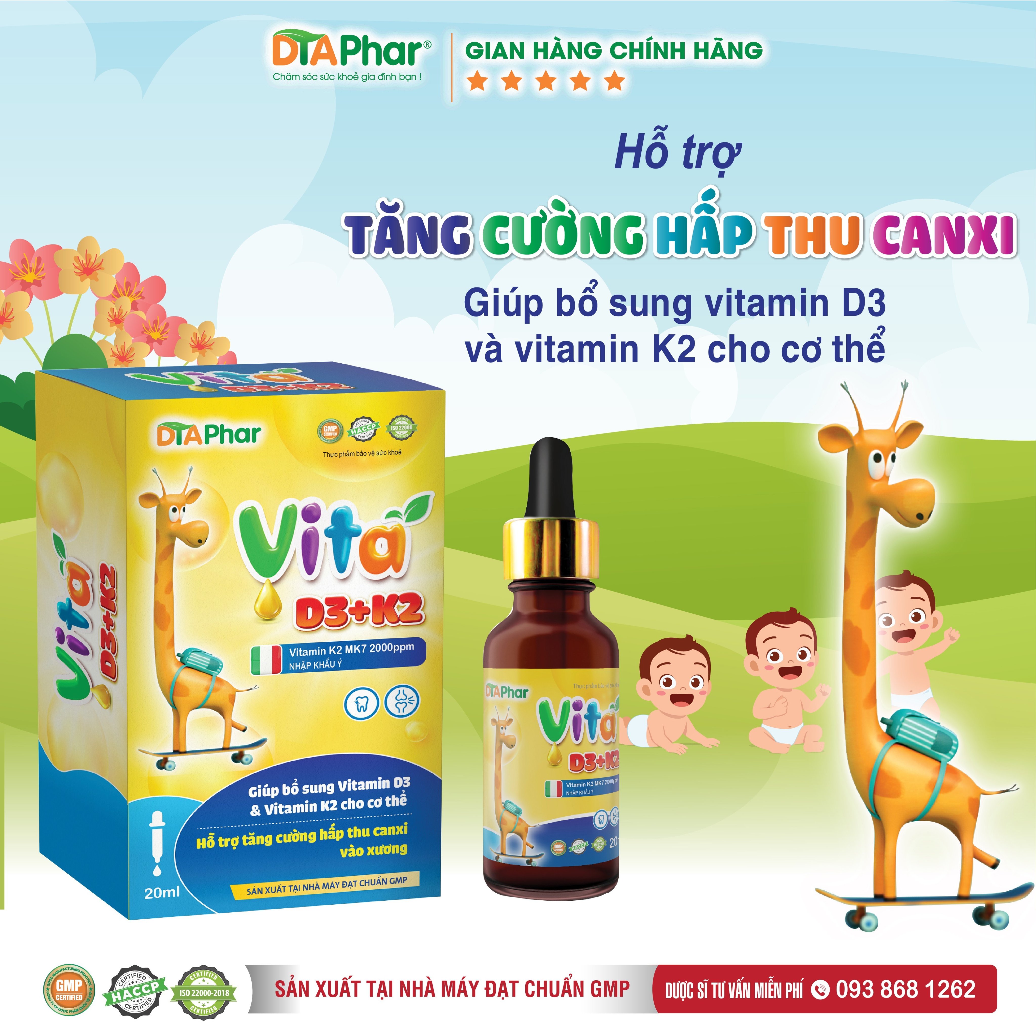 Vita D3+K2 Nhập khẩu ý Hỗ trợ bổ sung tăng cường hấp thu Canxi vào xương Chai 20ml Tâm An Pharma
