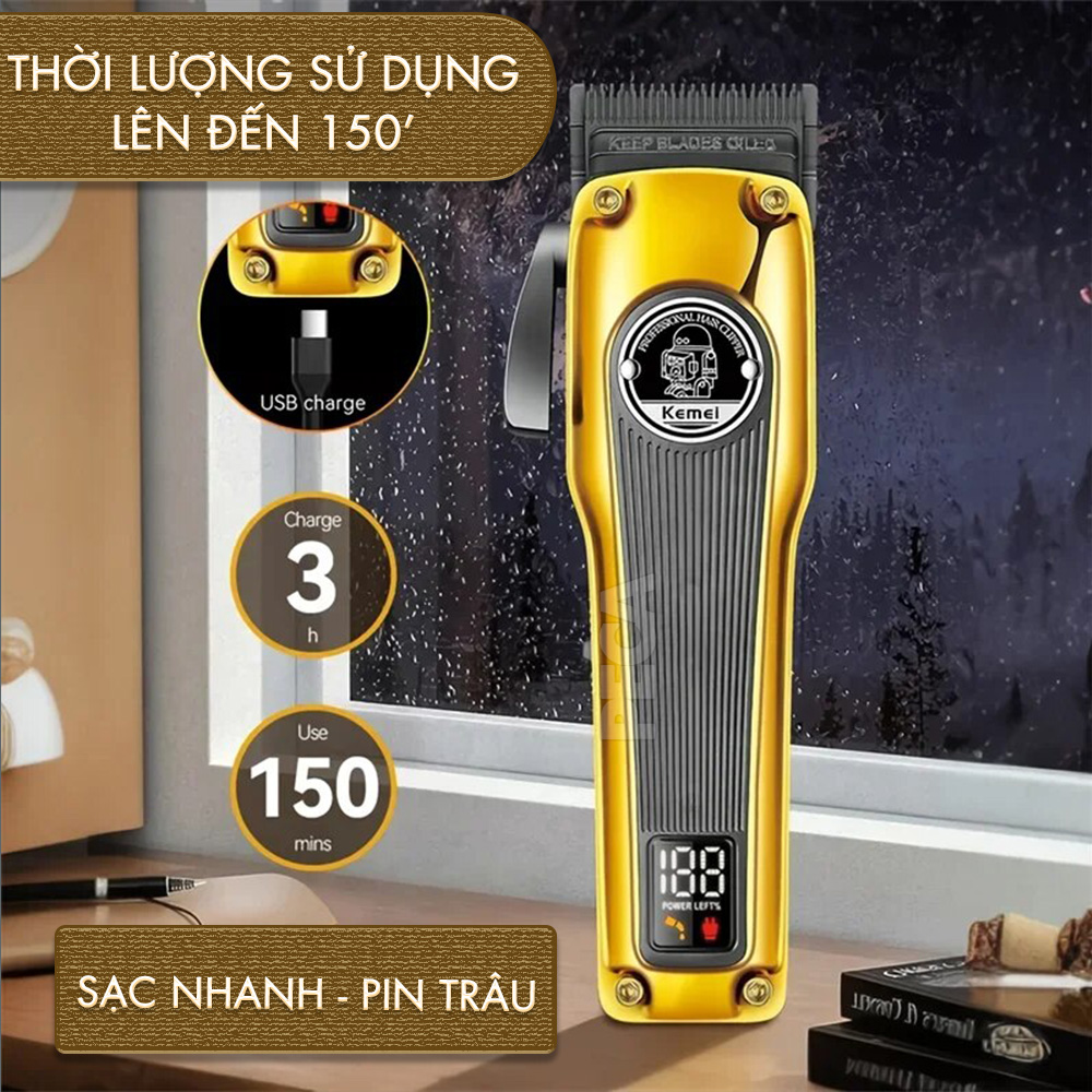 Tông đơ cắt tóc chuyên nghiệp Kemei KM-1825 lưỡi mạ carbon DLC, động cơ không chổi than công suất mạnh 8W hoạt động mạnh mẽ không nóng, không ồn - Hàng chính hãng