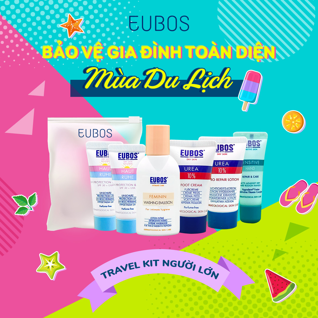 [Combo du lịch] 2 kem chống nắng cho mẹ và bé EUBOS 6ml + 1 kem dưỡng da tay EUBOS 8ml + Lotion dưỡng thể Urea 10% 15ml + Kem dưỡng da chân 12ml + Dung dịch vệ sinh 30ml