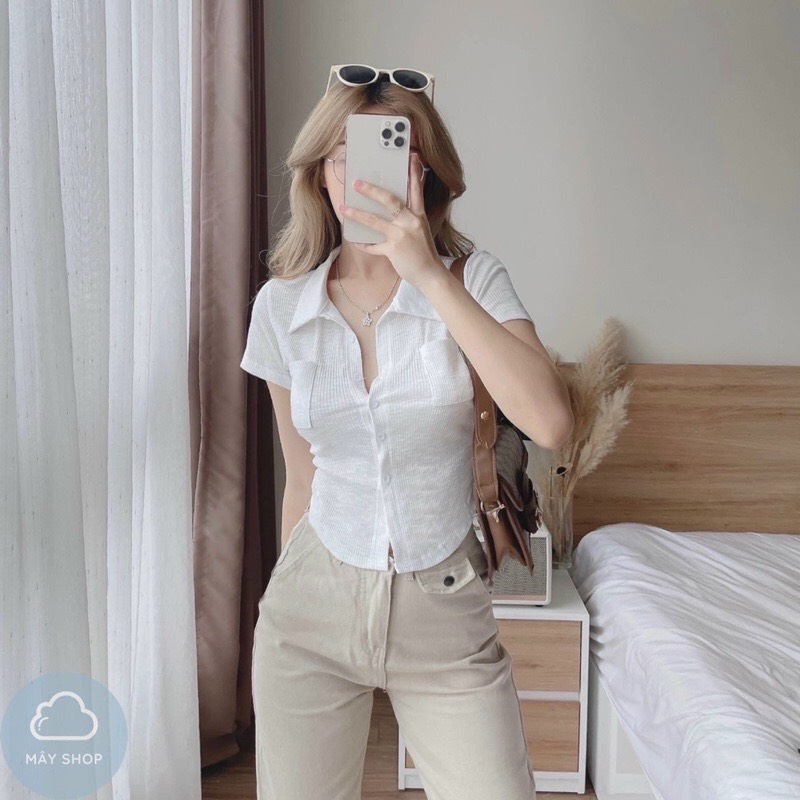 Áo Thun Croptop Cổ Trụ Cúc Giữa Ulzzang Sang Chảnh