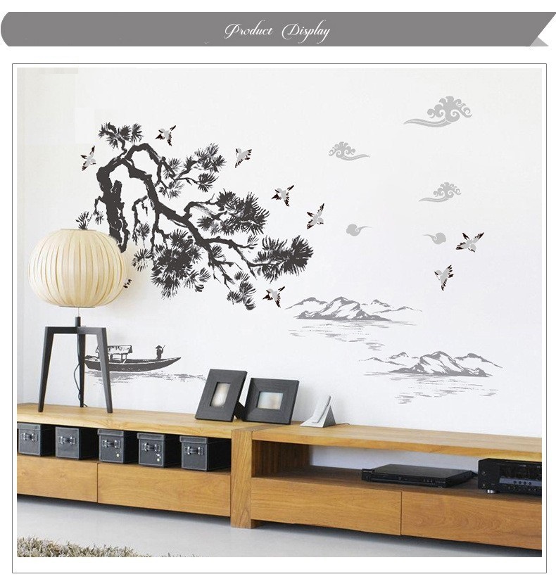 Decal trang trí tết combo cành đào yến hỷ + sơn thủy Á Đông