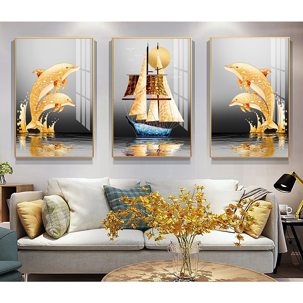 Tranh treo tường thuyền và cá heo trang trí mọi không gian(kèm đinh treo)