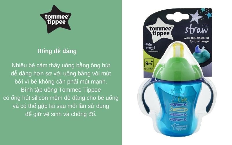 Bình tập uống có ống hút cho bé Tommee Tippee Training Straw 230ml từ 9 tháng - Xanh Lá